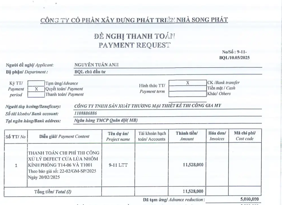 Gia My Đảm Bảo Minh Bạch Tài Chính Với Chứng Từ Thanh Toán Rõ Ràng