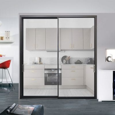 Cửa Slim 2 cánh trượt kính cường lực 8m màu trắng trong