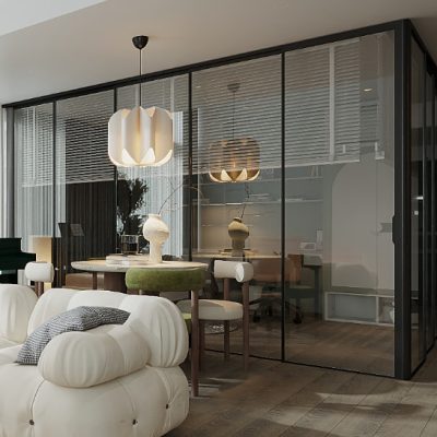 Ngăn phòng bằng cửa nhôm vách kính hệ Slim bản siêu nhỏ 16×45